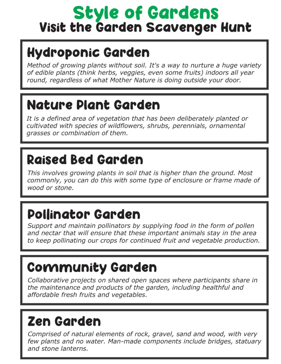 Style of Gardens: descriptions of hydroponic, nature plant, raised bed, pollinator, community and zen gardens to match