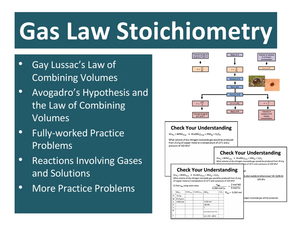 Gas Law Stoichiometry cover listing combining volumes, Avogadro's hypothesis, worked problems and gas-solution reactions