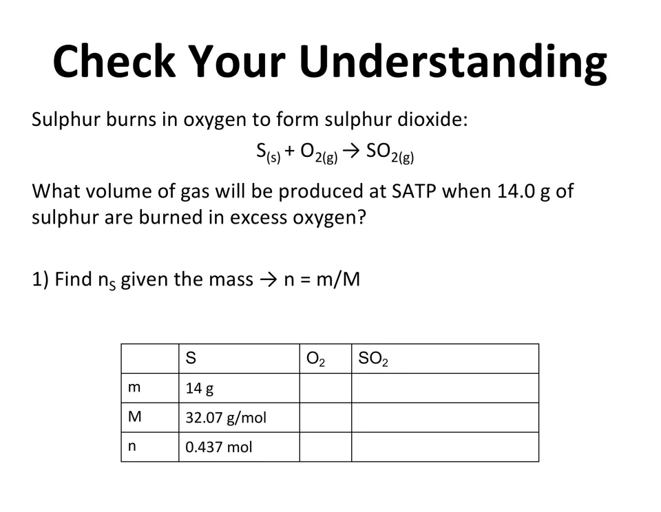 Sulphur dioxide problem step 1: moles of sulphur found from mass with n = m/M, giving 0.437 mol in an m-M-n table