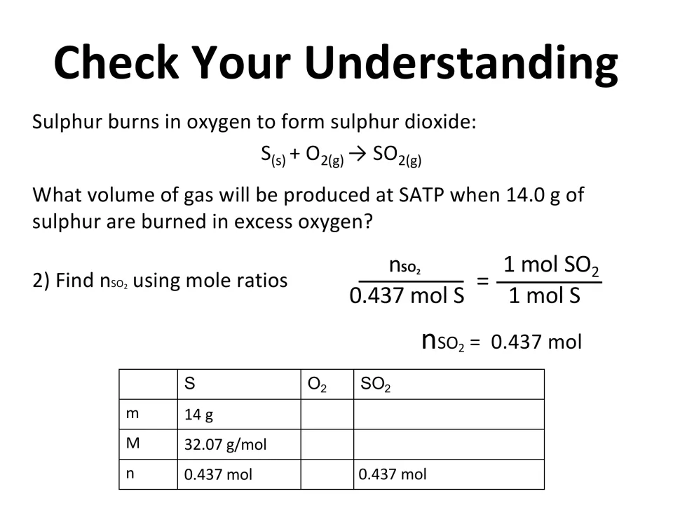 Sulphur dioxide problem step 2: a 1:1 mole ratio converts 0.437 mol of sulphur to 0.437 mol of SO2, added to the table