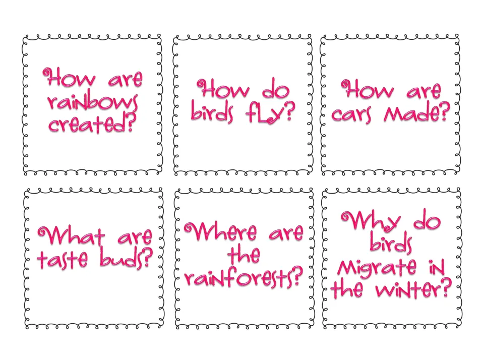 Question cards: six research prompts such as How are rainbows created?, How do birds fly? and What are taste buds?