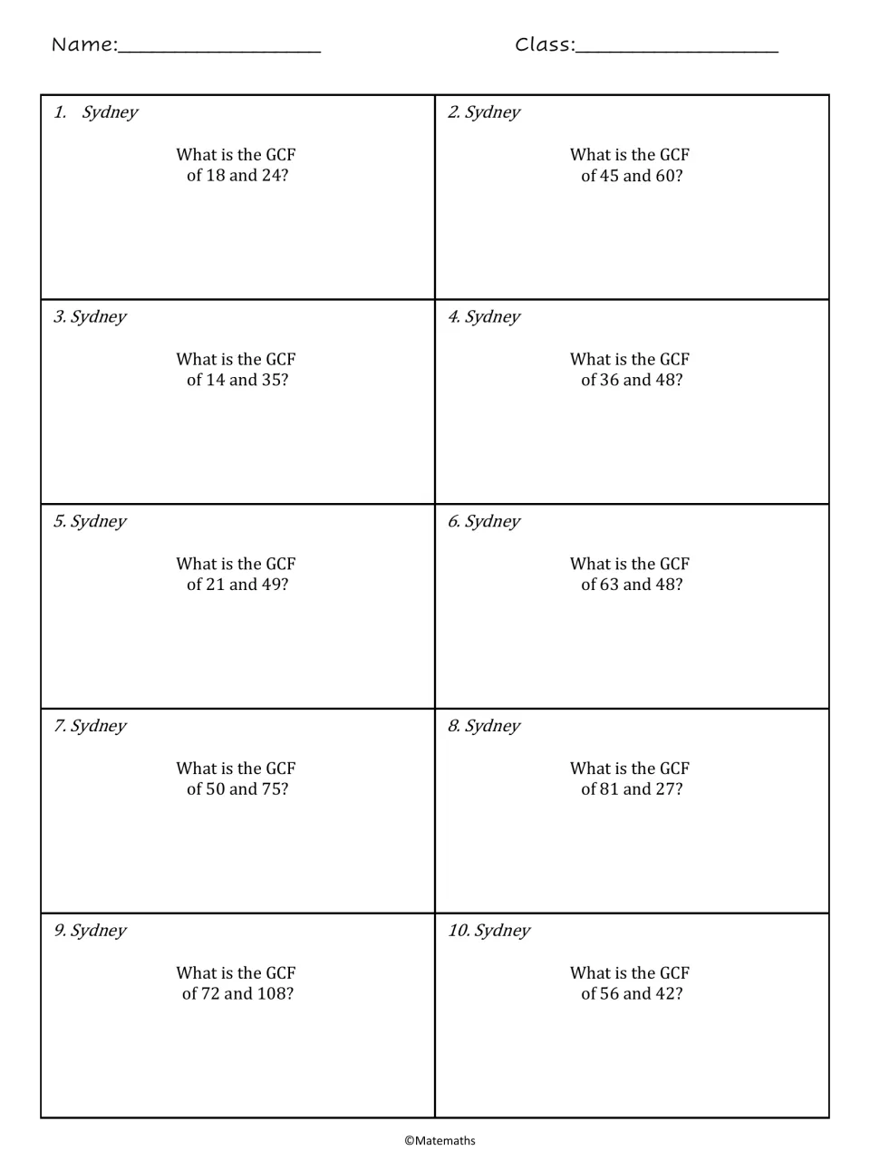 Sydney worksheet: 10 GCF problems, including 18 and 24, 45 and 60, 14 and 35, and 36 and 48.