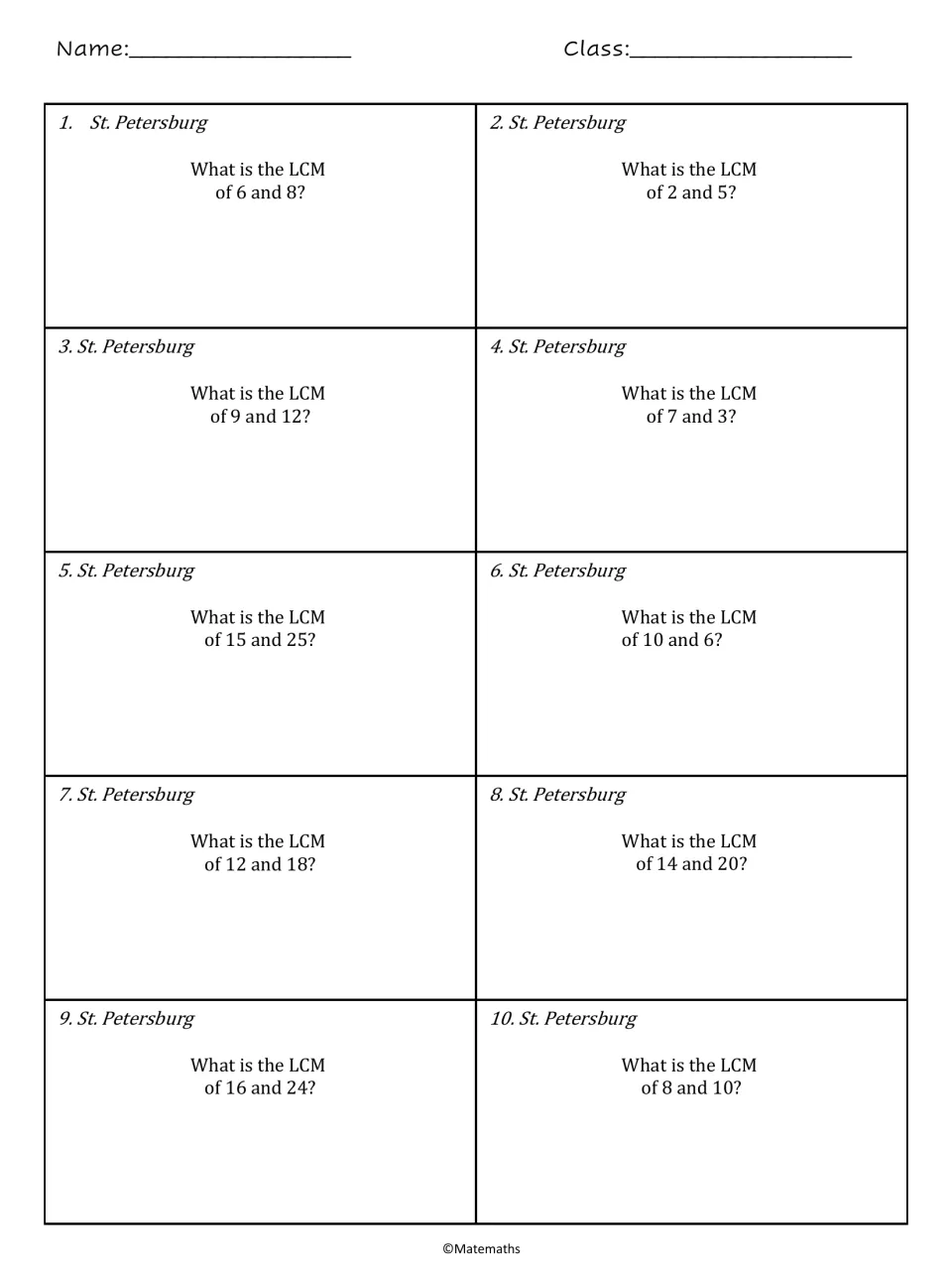 St. Petersburg worksheet: 10 LCM problems, including 6 and 8, 2 and 5, 9 and 12, and 7 and 3.