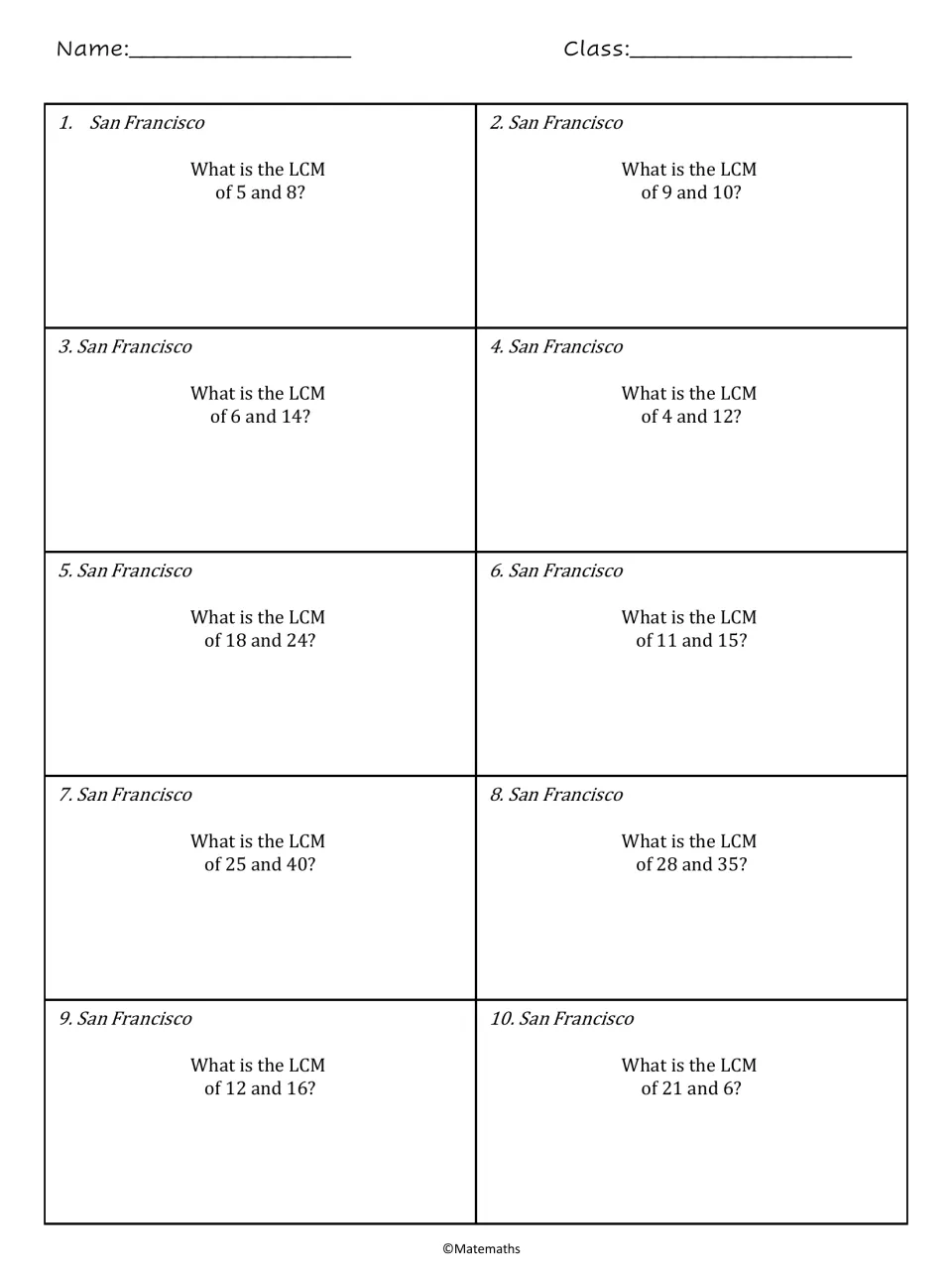 San Francisco worksheet: 10 LCM problems, including 5 and 8, 9 and 10, 6 and 14, and 4 and 12.