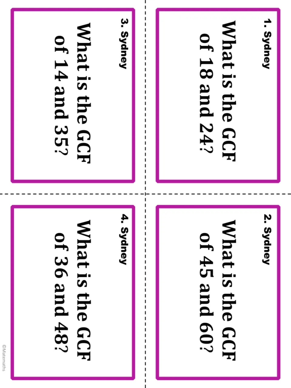Sydney task cards 1–4: find the GCF of 18 and 24, 45 and 60, 14 and 35, and 36 and 48.