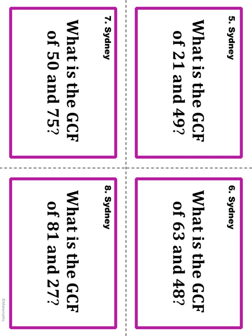 Sydney task cards 5–8: find the GCF of 21 and 49, 63 and 48, 50 and 75, and 81 and 27.