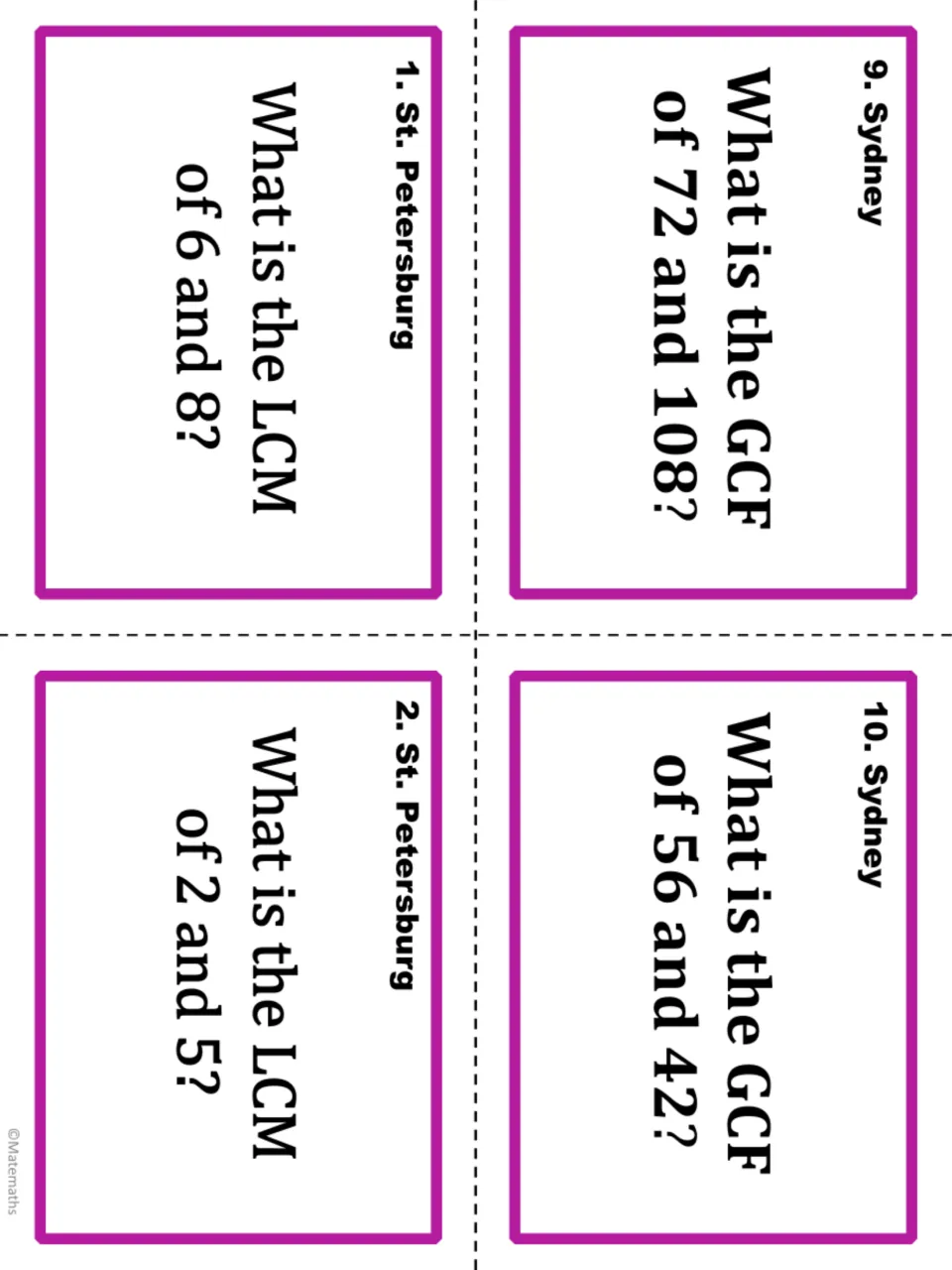 Sydney GCF cards 9–10 use 72 and 108, and 56 and 42; St. Petersburg LCM cards 1–2 use 6 and 8, and 2 and 5.
