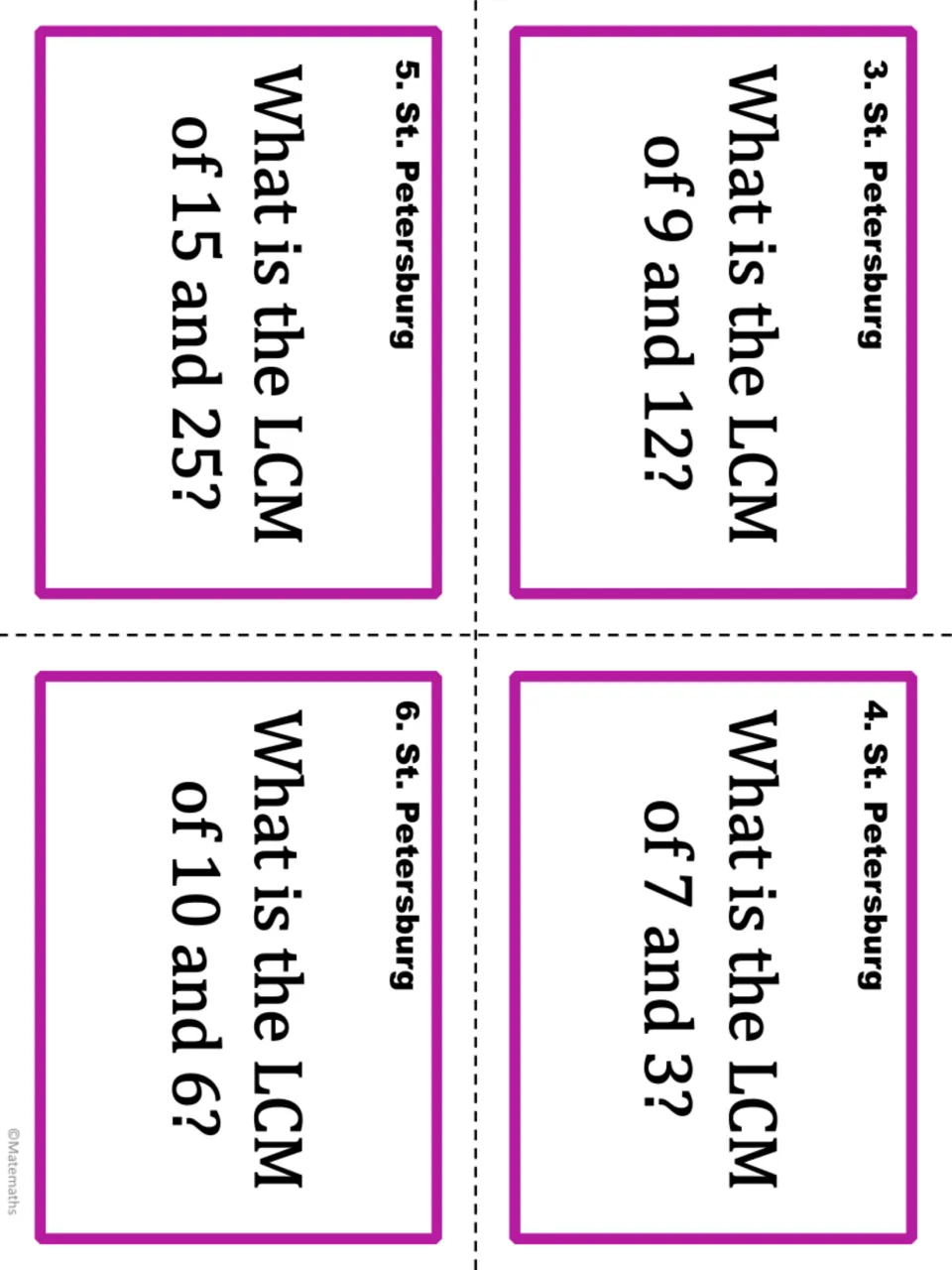 St. Petersburg task cards 3–6: find the LCM of 9 and 12, 7 and 3, 15 and 25, and 10 and 6.