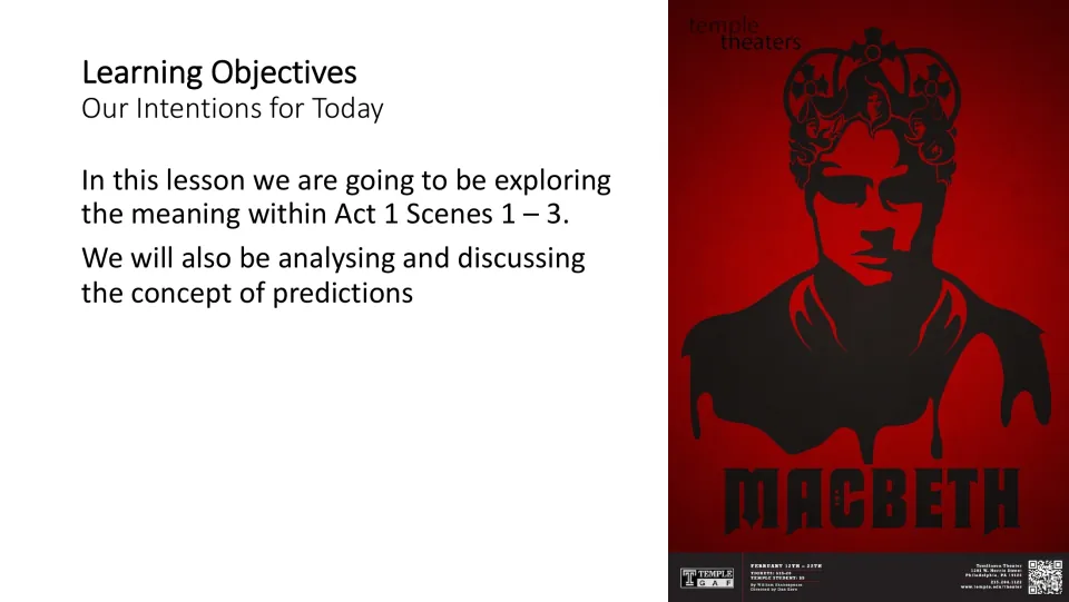 Learning objectives slide for exploring meaning in Macbeth Act 1, Scenes 1–3, and discussing predictions