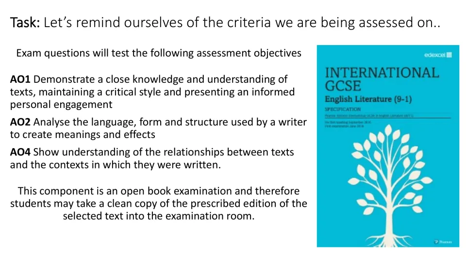 Assessment reminder slide covering AO1 text knowledge, AO2 language analysis, and AO4 historical context
