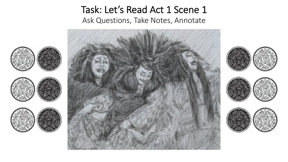 Act 1, Scene 1 reading prompt in the Macbeth lesson, directing students to ask questions, take notes, and annotate