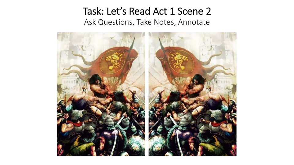 Act 1, Scene 2 reading prompt in the Macbeth lesson, directing students to ask questions, take notes, and annotate