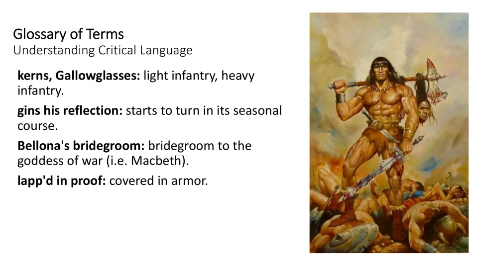Act 1, Scene 2 glossary slide defining kerns, Gallowglasses, gins his reflection, and two more expressions