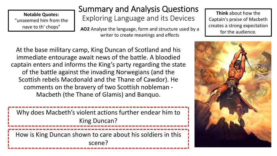 Act 1, Scene 2 summary and analysis slide examining Macbeth's bravery, violent actions, and Duncan's care for soldiers