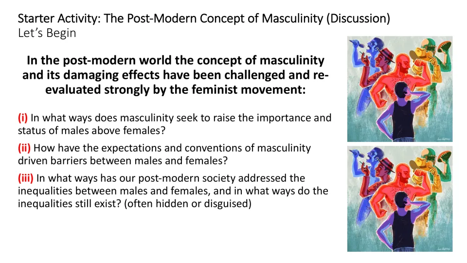 Starter discussion slide asking how masculinity shapes male status, gender barriers, and inequality