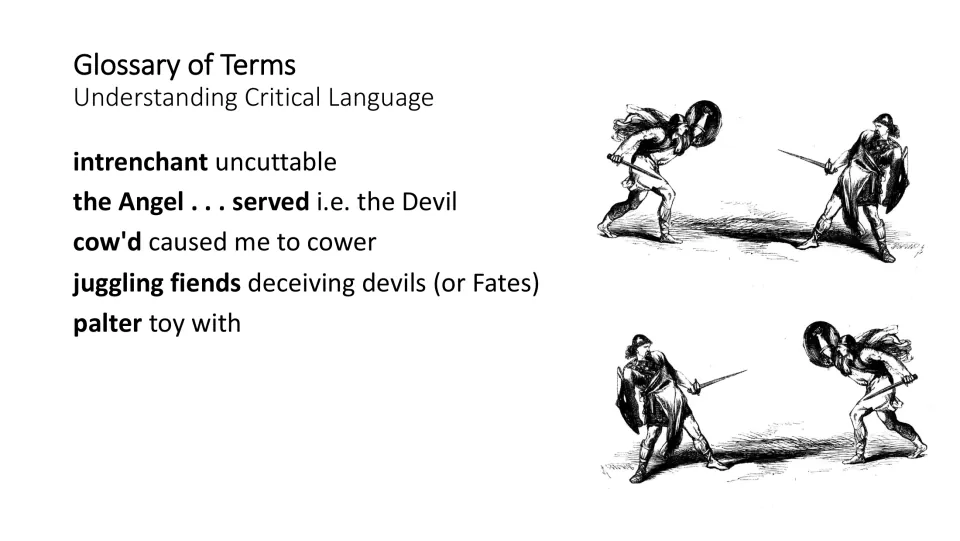 Scene 8 glossary slide defining intrenchant, the Angel served, cow’d, juggling fiends, and palter