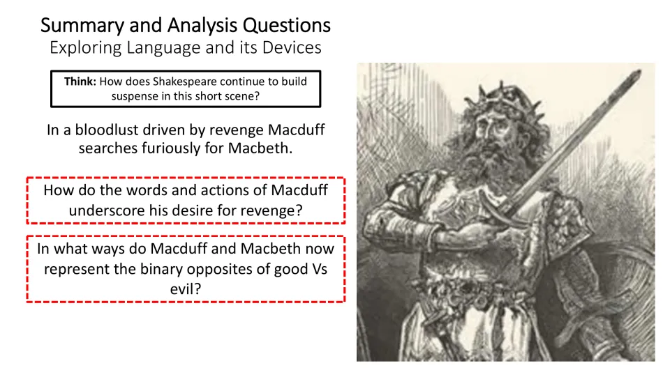 Summary and analysis slide asking about suspense, Macduff’s revenge, and Macbeth and Macduff as good versus evil