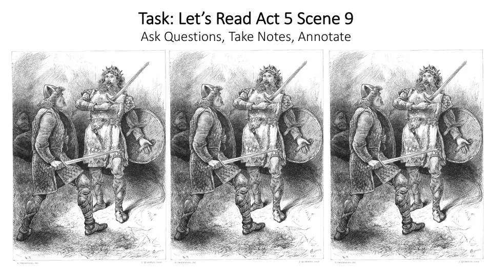 Act 5, Scene 9 reading prompt in the lesson, directing students to ask questions, take notes, and annotate