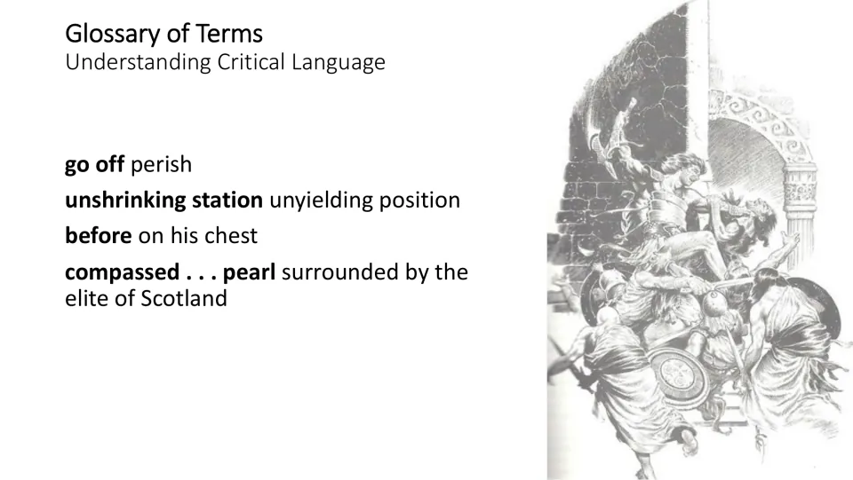 Scene 9 glossary slide defining go off, unshrinking station, before, and compassed . . . pearl for reading