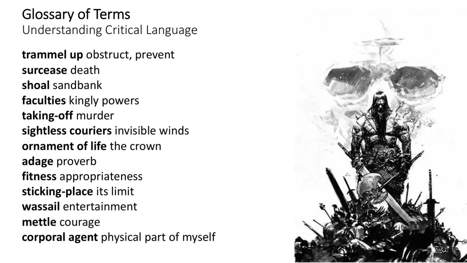 Act 1 Scene 7 glossary defines 13 terms, including trammel up, surcease, shoal, faculties, and mettle