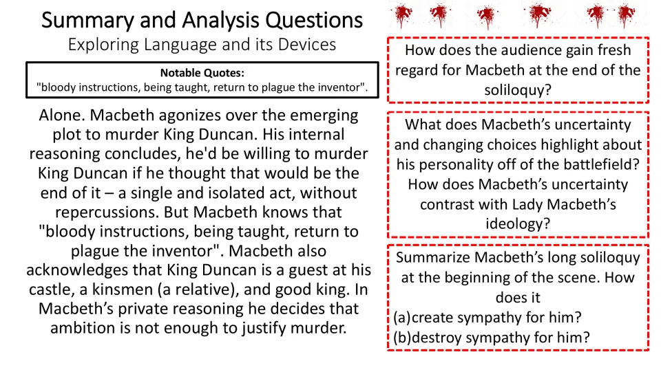 Scene analysis summarizes Macbeth's reasons against killing Duncan and asks about sympathy and uncertainty