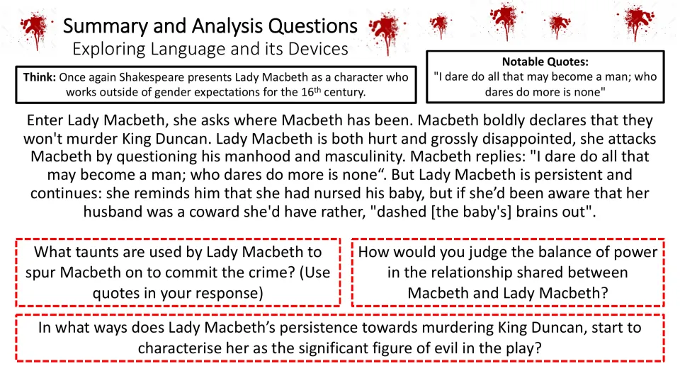 Scene analysis examines Lady Macbeth's taunts, challenges to Macbeth's manhood, and power in their marriage