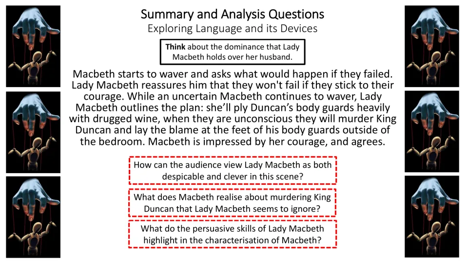 Scene analysis explains Lady Macbeth's plan to frame Duncan's guards and questions her influence on Macbeth