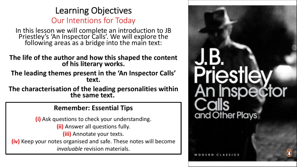 Learning objectives slide covering the author's life, leading themes, characterization, and study tips