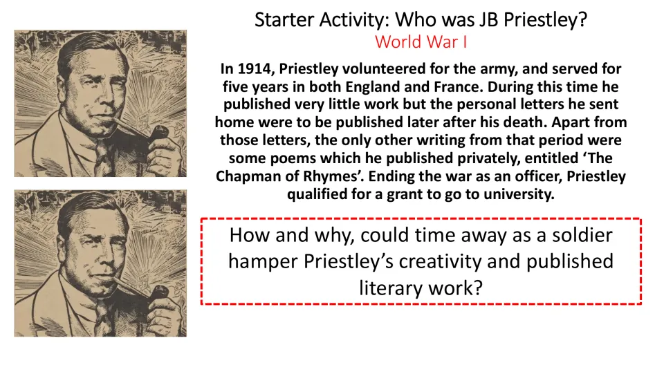 World War I starter activity on Priestley's army service, asking how soldiering could hamper his writing