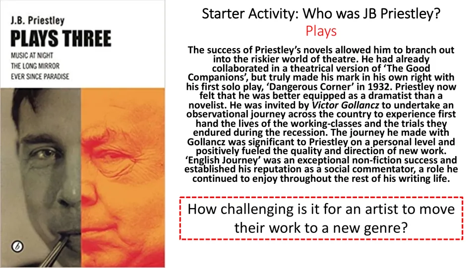 Plays starter activity on Priestley's move into theater and social commentary, asking about changing genres