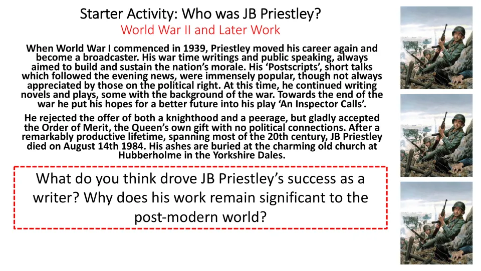 Later work starter activity on Priestley's wartime broadcasts, asking about his success and lasting relevance