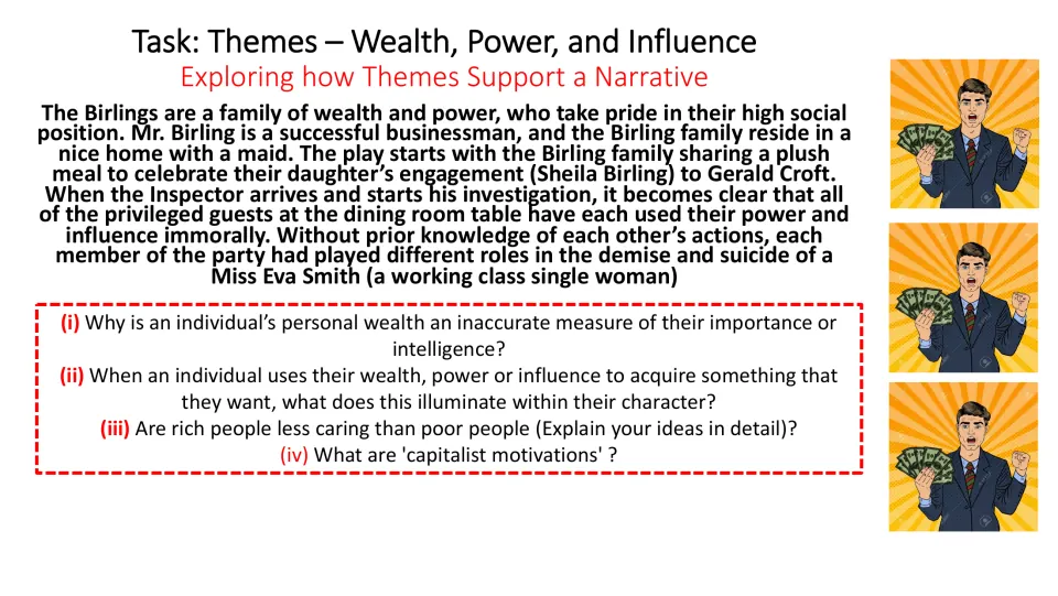 Wealth, power, and influence theme activity linking the Birlings to questions about status and capitalism