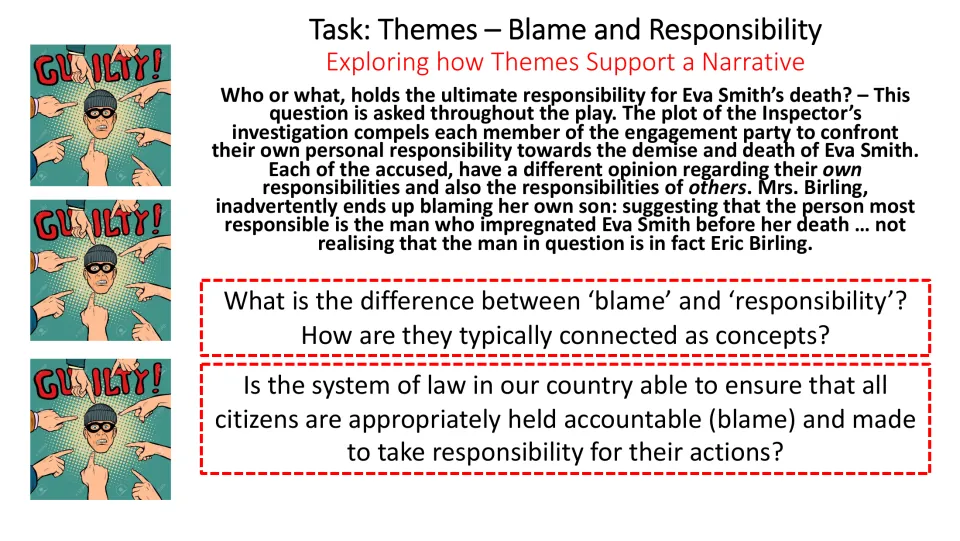 Blame and responsibility theme activity on Eva Smith's death, with questions about blame and legal accountability
