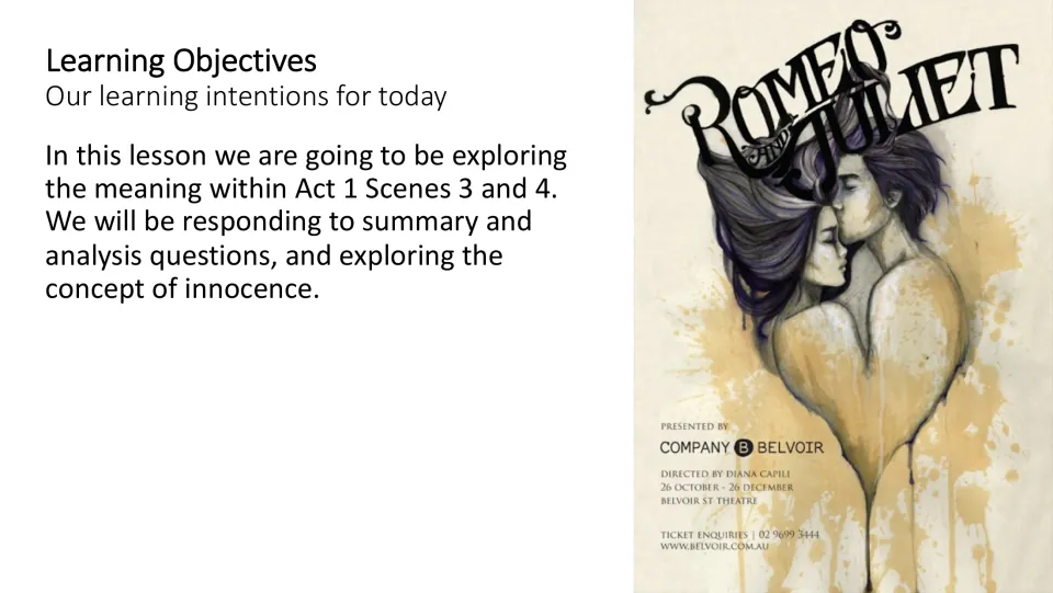 Learning objectives slide introducing scene meanings, summary and analysis questions, and the concept of innocence