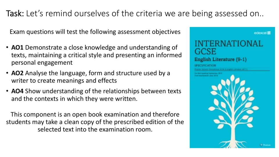Assessment overview slide listing AO1 text knowledge, AO2 language analysis, and AO4 context, plus exam guidance