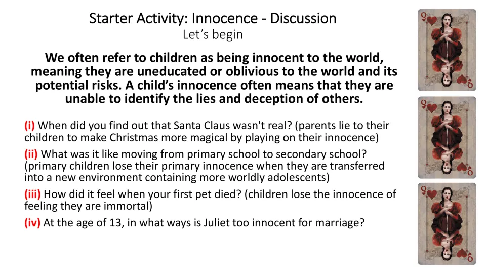 Starter discussion slide connecting childhood innocence to Santa Claus, school transitions, pet loss, and Juliet