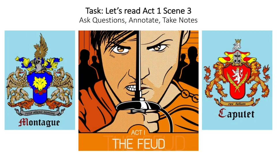 Reading task slide directing students to read Act 1 Scene 3, ask questions, annotate the text, and take notes