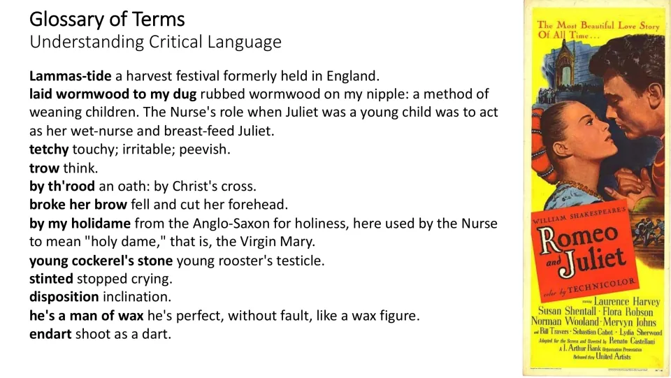 Glossary slide defining 12 terms from the scene, including Lammas-tide, tetchy, trow, disposition, and endart