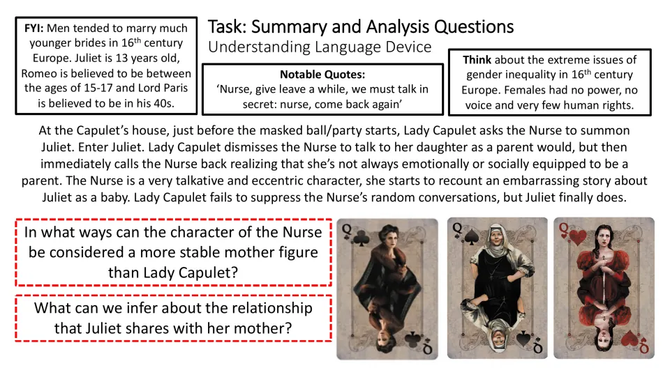 Summary and analysis slide comparing the Nurse's motherly role with Lady Capulet's relationship with Juliet