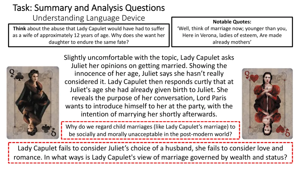 Summary and analysis slide examining Juliet's marriage prospects, child marriage, and wealth and status