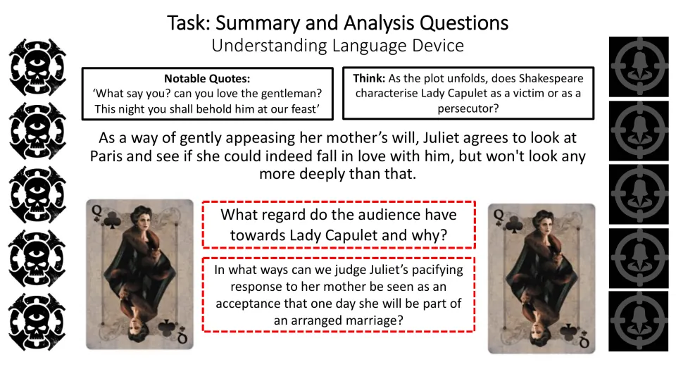 Summary and analysis slide examining Juliet's agreement to consider Paris and audience views of Lady Capulet
