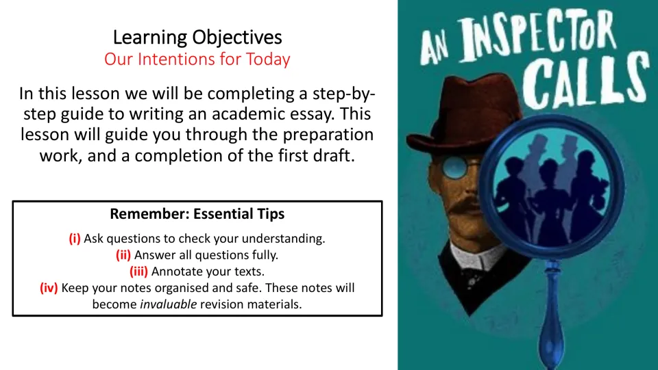 Lesson objectives introduce essay preparation and a first draft, with tips to ask questions and organize notes