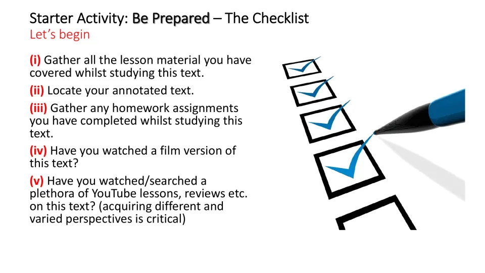 Preparation checklist asks students to gather lesson materials, annotated text, homework, and viewing sources
