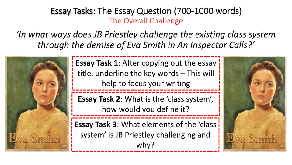Essay tasks introduce a 700–1000-word response on Eva Smith and class, then ask students to define the class system