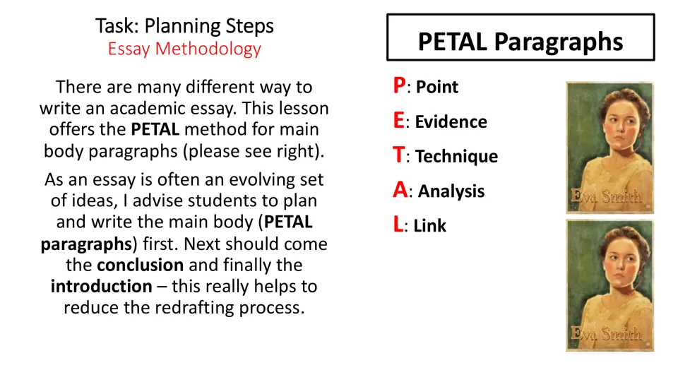 Planning guidance defines PETAL as Point, Evidence, Technique, Analysis, and Link for essay body paragraphs