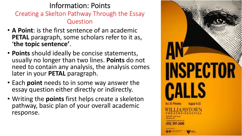 Essay guidance defines a point as a concise topic sentence that answers the question and helps form a plan