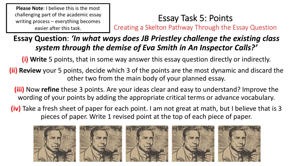 Essay task 5 asks students to write five points, select three, refine their wording, and put each on separate paper