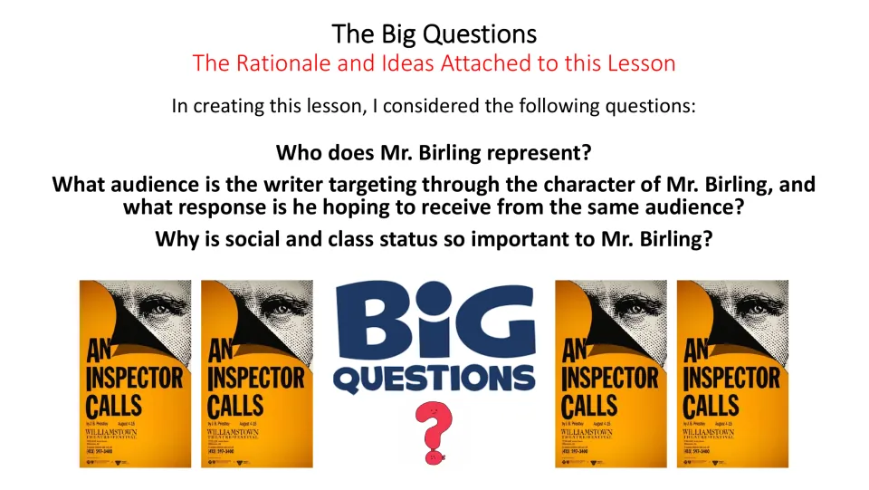 Lesson questions ask whom Mr. Birling represents, Priestley's target audience, and why social status matters
