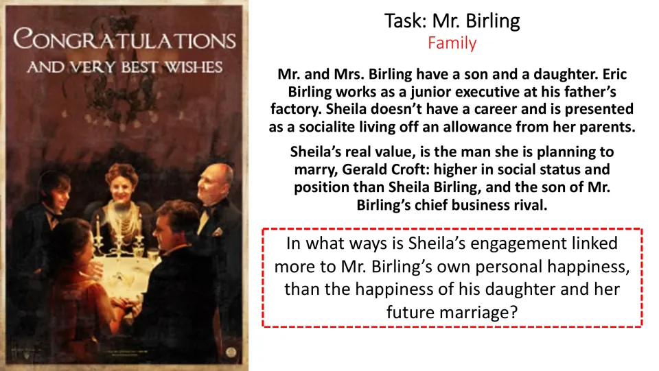 Family analysis task asks how Sheila's engagement to Gerald Croft serves Mr. Birling's personal interests
