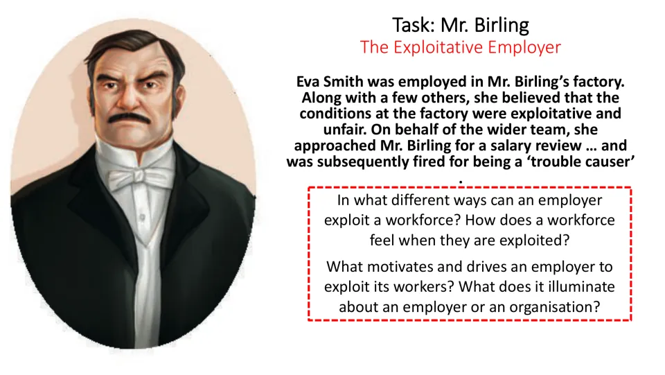 Employer analysis task links Eva Smith's dismissal to questions about worker exploitation and its motives